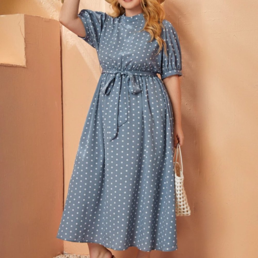 SHEIN Plus 1PC Puff Sleeve Belted Polka Dot Dress
